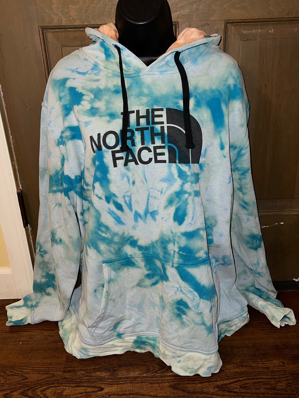 The North Face Blue & White Retro Black Logo Acid Wash Pullover Hoodie Size XXL